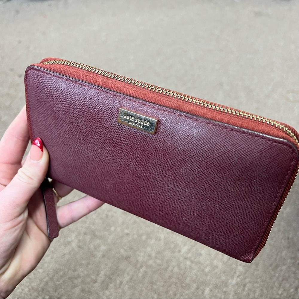 Kate Spade Maroon Wallet, Gold Logo Has Some Scratches Gem